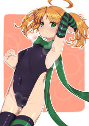 Rule 34 | ahoge, arm up, armpits, bad anatomy, black thighhighs, bow, bowtie, breasts, covered navel, dina (sennen sensou aigis), green bow, green bowtie, green eyes, groin, highres, huge ahoge, looking at viewer, object9991, sennen sensou aigis, short twintails, small breasts, standing, striped clothes, striped thighhighs, sweatdrop, thighhighs, twintails