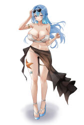 Rule 34 | 1girl, absurdres, ash (cat7evy), bikini, black sarong, blue footwear, blue hair, braid, breasts, cleavage, eyewear on head, french braid, full body, goddess of victory: nikke, helm (nikke), highres, large breasts, long hair, looking at viewer, sandals, sarong, simple background, skindentation, solo, standing, starfish, strapless, strapless bikini, sunglasses, swimsuit, thigh strap, white background, white bikini