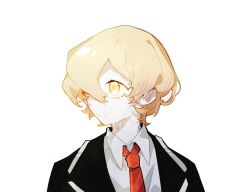 Rule 34 | 1boy, aislan, black coat, blonde hair, coat, collared shirt, limbus company, male focus, necktie, project moon, red necktie, shirt, simple background, sinclair (project moon), solo, upper body, white background, white shirt