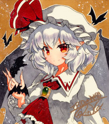 Rule 34 | 1girl, ascot, bad id, bad pixiv id, bat (animal), bat wings, breasts, brooch, brown background, closed mouth, collared shirt, fingernails, frilled ascot, frills, green brooch, hat, hat ribbon, jewelry, juliet sleeves, long sleeves, looking at viewer, mob cap, pointy ears, puffy sleeves, qqqrinkappp, red ascot, red eyes, red ribbon, remilia scarlet, ribbon, sharp fingernails, shikishi, shirt, short hair, signature, silver hair, small breasts, solo, touhou, traditional media, upper body, white hat, wings