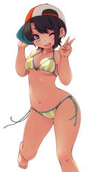 Rule 34 | 1girl, ;d, absurdres, bare arms, bare legs, bare shoulders, barefoot, baseball cap, bikini, black hair, blue eyes, breasts, cleavage, deto, groin, halterneck, hands up, hat, highres, hololive, leg up, looking at viewer, navel, one eye closed, oozora subaru, oozora subaru (1st costume), open mouth, short hair, side-tie bikini bottom, sideways hat, small breasts, smile, solo, string bikini, striped bikini, striped clothes, swimsuit, thighs, transparent background, underboob, v, vertical-striped bikini, vertical-striped clothes, virtual youtuber