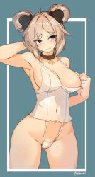 Rule 34 | 1girl, ahoge, arm up, armpits, bare shoulders, blue background, blush, border, breasts, brown hair, cleavage, closed mouth, clothes pull, collar, collarbone, covered navel, cropped legs, double bun, girls&#039; frontline, gluteal fold, hair bun, large breasts, looking at viewer, outside border, p90 (girls&#039; frontline), parted bangs, pulling own clothes, red eyes, revealing clothes, short hair, smile, solo, thighs, tilt-shift (azalanz), twitter username, white border, wide hips