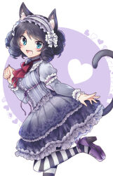 1girl :d animal_ears bell black_hair blue_eyes bow bowtie cat_ears cat_girl cat_tail cyan_(show_by_rock!!) dress drill_hair fang foot_out_of_frame frilled_dress frilled_hairband frilled_sleeves frills from_side hairband heart high_heels highres juliet_sleeves leg_up long_sleeves looking_at_viewer mikan_tabetai neck_bell open_mouth pantyhose puffy_sleeves purple_dress purple_footwear red_bow red_bowtie short_hair show_by_rock!! smile solo striped_clothes striped_pantyhose tail white_background white_hairband
