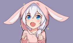 Rule 34 | 1girl, :d, animal ears, animated, animated gif, blue eyes, clenched hands, daidailong, hair between eyes, honkai (series), honkai impact 3rd, hood, hoodie, looking afar, looking up, open mouth, pajamas, purple background, rabbit ears, side ponytail, simple background, smile, solo, star (symbol), theresa apocalypse, white hair
