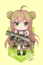 Rule 34 | &gt;:), 1girl, ahoge, asymmetrical legwear, bad id, bad pixiv id, bare shoulders, black dress, black gloves, blush stickers, bow, brown hair, bullpup, camouflage, camouflage jacket, character name, chibi, closed mouth, collarbone, dated, double bun, dress, fingerless gloves, girls&#039; frontline, gloves, green bow, green eyes, green legwear, gun, hair between eyes, hair bow, hair bun, holding, holding gun, holding weapon, jacket, kel-tec rfb, long hair, long sleeves, looking at viewer, mismatched legwear, name connection, object namesake, open clothes, open jacket, rfb (girls&#039; frontline), rifle, semi-automatic firearm, semi-automatic rifle, side bun, signature, sleeveless, sleeveless dress, smile, socks, solo, ssalbaram, standing, striped clothes, striped legwear, striped socks, stuffed animal, stuffed toy, teddy bear, v-shaped eyebrows, vertical-striped clothes, vertical-striped socks, very long hair, weapon