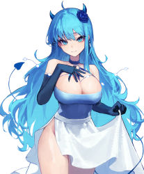 Rule 34 | 1girl, absurdres, ahoge, bare shoulders, blue eyes, blue flower, blue gloves, blue hair, blue rose, breasts, choker, cleavage, closed mouth, clothes lift, collarbone, demon horns, demon tail, dress, elbow gloves, flower, gloves, hair between eyes, hair flower, hair ornament, halter dress, halterneck, hand on own chest, highres, horns, large breasts, long hair, long skirt, looking at viewer, low neckline, o-ring, original, rose, side slit, simple background, skirt, skirt lift, solo, strapless, tail, tsurime, tube top, very long hair, white background, yoon cook