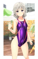Rule 34 | 1girl, absurdres, bench, blurry, breasts, cameltoe, competition swimsuit, contrapposto, covered navel, cowboy shot, depth of field, dolphin print, fence, grey eyes, groin, high school fleet, highleg, highleg swimsuit, highres, looking at viewer, multicolored clothes, multicolored swimsuit, one-piece swimsuit, plant, purple one-piece swimsuit, short hair, silver hair, small breasts, solo, standing, swimsuit, takafumi, tateishi shima, umbrella, wooden fence