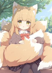 Rule 34 | 1girl, animal ear fluff, animal ears, black pantyhose, black skirt, blonde hair, brown eyes, brown sweater, commission, fox ears, fox girl, fox tail, highres, holding own tail, long hair, looking at viewer, multiple tails, original, outdoors, pantyhose, plaid, plaid skirt, pleated skirt, shirt, sitting, skeb commission, skirt, solo, sweater, tail, tree, tyakomes, white shirt