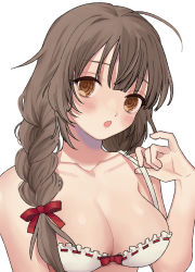 Rule 34 | 1girl, ahoge, bra, braid, brown hair, commentary request, frilled bra, frills, hair over shoulder, kantai collection, long hair, shinshuu maru (kancolle), simple background, single braid, solo, twin braids, underwear, upper body, waco, white background, white bra