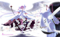 Rule 34 | 10s, 2girls, akemi homura, angel wings, bird, black hair, boots, bow (weapon), closed eyes, dove, english text, feathers, from behind, highres, kaname madoka, kyubey, light, lips, long hair, mahou shoujo madoka magica, mahou shoujo madoka magica (anime), multiple girls, pink footwear, pink hair, rail (silverbow), ribbon, spoilers, thigh boots, thighhighs, twintails, two side up, ultimate madoka, very long hair, weapon, wings