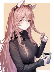 Rule 34 | 1girl, 3 small spiders, absurdres, animal ears, breasts, coffee, coffee mug, commentary request, cup, girls&#039; frontline, girls&#039; frontline neural cloud, highres, holding, holding cup, large breasts, long hair, long sleeves, looking at viewer, mug, persicaria (neural cloud), pink eyes, pink hair, playing with own hair, ribbed sweater, simple background, solo, sweater, upper body