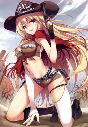 Rule 34 | 1girl, :d, absurdres, bare tree, belt, black gloves, blonde hair, blue eyes, blue sky, boots, breasts, bridal gauntlets, brown shirt, buckle, building, cleavage, clothes writing, cloud, cowboy hat, cowboy western, crop top, cross, cross necklace, day, eyebrows, eyelashes, fence, fingerless gloves, fisheye, fringe trim, front-tie top, full body, gloves, gun, hair between eyes, handgun, hat, highres, holding, holding gun, holding weapon, holster, house, jewelry, knee boots, kneeling, large breasts, lips, long hair, looking at viewer, midriff, navel, necklace, open mouth, original, outdoors, parted lips, pendant, pistol, red scarf, road, scarf, shiny skin, shirt, short shorts, shorts, single glove, sky, smile, solo, spurs, star (symbol), stomach, street, thigh strap, thighhighs, tomose shunsaku, tree, tsurime, very long hair, weapon