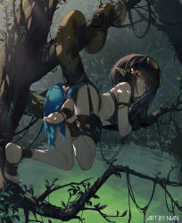 Rule 34 | 1girl, arknights, arm strap, ass, bandeau, bare legs, bare shoulders, barefoot, black hair, brown eyes, commentary, eunectes (arknights), goggles, goggles on head, highres, looking at viewer, midriff, nian (zhanian), outdoors, parted lips, pointy ears, pouch, revision, short hair, snake tail, solo, tail, thigh strap, thighs, tree