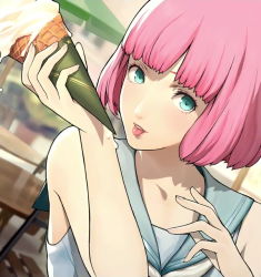 Rule 34 | 1boy, androgynous, atlus, blue eyes, catherine: full body, catherine (game), food, hands up, holding, holding food, holding ice cream, ice cream, ice cream cone, looking at viewer, official art, pink hair, rin (catherine), short hair, solo, tongue, tongue out, trap, upper body