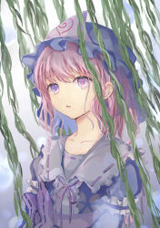 Rule 34 | 1girl, absurdres, blue hat, blue kimono, bow, collared shirt, commentary request, frilled kimono, frills, hat, highres, japanese clothes, kimono, long sleeves, looking at viewer, medium hair, mob cap, neck ribbon, open mouth, pink eyes, pink hair, plant, purple bow, purple ribbon, ribbon, ribbon-trimmed kimono, saigyouji yuyuko, shirt, solo, touhou, triangular headpiece, upper body, waist bow, yamabuki humi