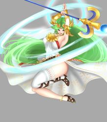 Rule 34 | 1girl, absurdly long hair, ancient greek clothes, arms up, attack, breasts, curvy, dress, forehead jewel, greco-roman clothes, green eyes, green hair, hair flowing over, highres, holding, holding staff, jaxdraws, jaxdrawz, jewelry, jumping, kid icarus, kid icarus uprising, large breasts, long hair, matching hair/eyes, nintendo, open mouth, palutena, sandals, single thighhigh, staff, strapless, strapless dress, thighhighs, tiara, variations, very long hair, white thighhighs