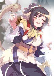 Rule 34 | 1girl, absurdly long hair, ainu clothes, aloe (kenkou3733), animal ears, aquaplus, black hair, blush, breasts, cat tail, dress, gradient eyes, hair between eyes, hair ornament, highres, holding, holding snowball, kuon (utawarerumono), large breasts, layered sleeves, long hair, long sleeves, looking at viewer, multicolored eyes, one eye closed, open mouth, orange eyes, outdoors, ponytail, raised eyebrows, scarf, sidelocks, snow, snowball, snowing, solo, tail, utawarerumono, utawarerumono: itsuwari no kamen, very long hair, white tail, yellow scarf
