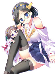 Rule 34 | 10s, 2girls, arm support, bare shoulders, black hair, blue eyes, blush, boots, breasts, brown hair, chibi, detached sleeves, glasses, hairband, hiei (kancolle), japanese clothes, kantai collection, kirishima (kancolle), large breasts, light smile, looking at viewer, mini person, minigirl, miniskirt, multiple girls, no legwear, nontraditional miko, open mouth, personification, pikazo, purple eyes, shiny skin, short hair, siblings, sisters, sitting, skirt, smile, thigh boots, thighhighs