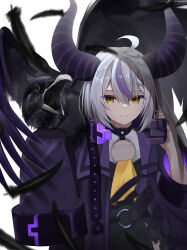 Rule 34 | 1girl, absurdres, animal, animal on shoulder, ascot, bird, bird on shoulder, collar, commentary, crow, demon girl, demon horns, feathers, green eyes, grey hair, hair between eyes, highres, hololive, horns, la+ darknesss, long hair, long sleeves, looking at viewer, metal collar, micon, multicolored hair, purple hair, purple horns, simple background, sleeves past fingers, sleeves past wrists, streaked hair, striped horns, virtual youtuber, white background, yellow ascot, yellow eyes