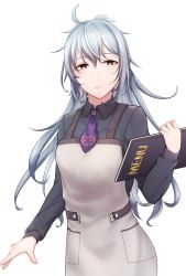 Rule 34 | 1girl, ahoge, alternate costume, apron, blush, brown eyes, collared shirt, expressionless, g11 (girls&#039; frontline), girls&#039; frontline, grey shirt, hair between eyes, half-closed eyes, highres, holding, holding menu, kagami (openxlock), long hair, long sleeves, looking at viewer, menu, messy hair, necktie, purple necktie, shirt, silver hair, simple background, solo, very long hair, waitress, white background