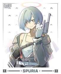Rule 34 | 1girl, arknights, character name, closed mouth, collarbone, commentary, cropped torso, deep.au, gloves, grey eyes, grey hair, grey jacket, gun, hair between eyes, halo, hand up, handgun, highres, holding, holding gun, holding weapon, jacket, long sleeves, puffy long sleeves, puffy sleeves, sleeves past wrists, smile, solo, spuria (arknights), tank top, trigger discipline, upper body, weapon, weapon request, white background, white gloves, white tank top