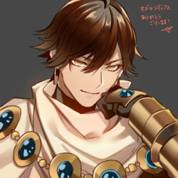 Rule 34 | 1boy, ahoge, black gloves, brown hair, cape, dark skin, dark-skinned male, egyptian, egyptian clothes, eyebrows, fate/grand order, fate/prototype, fate/prototype: fragments of blue and silver, fate (series), gauntlets, gloves, grey background, jewelry, looking at viewer, male focus, necklace, ozymandias (fate), shrug (clothing), simple background, solo, tarao (13raven), upper body, yellow eyes