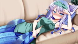 Rule 34 | 1girl, animal ears, artist request, blue eyes, blue nails, blush, breasts, couch, fins, game cg, green towel, long hair, looking at viewer, medium breasts, mermaid, monster girl, monster musume no iru nichijou, monster musume no iru nichijou online, official art, on couch, pointy ears, purple hair, sein (monster musume), sidelocks, smile, solo, towel, towel on head, webbed hands