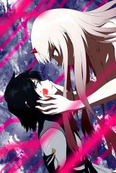 Rule 34 | 10s, 1boy, 1girl, black hair, blood, blood on face, blood on hands, commentary request, couple, darling in the franxx, face-to-face, green eyes, highres, hiro (darling in the franxx), horns, kizeminato, long hair, looking at viewer, military, military uniform, oni horns, pink hair, short hair, uniform, zero two (darling in the franxx)