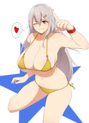 Rule 34 | 1girl, bare arms, bare shoulders, bikini, blush, breasts, chinese commentary, collarbone, commentary request, grin, hair between eyes, hair ornament, hairclip, halterneck, heart, highres, index finger raised, large breasts, long hair, looking at viewer, nail polish, navel, one eye closed, original, red eyes, side-tie bikini bottom, silver hair, simple background, smile, solo, spoken heart, stomach, string bikini, swimsuit, thighs, very long hair, white background, xllam, yellow bikini, yellow nails