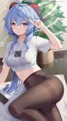 Rule 34 | 1girl, absurdres, ahoge, alternate costume, arm support, arm up, black panties, black pantyhose, blue hair, breasts, cellphone, christmas tree, closed mouth, commentary request, contemporary, crop top, electrical outlet, feet out of frame, ganyu (genshin impact), genshin impact, goat horns, gradient eyes, hair between eyes, highres, horns, indoors, leaning to the side, linea alba, long hair, looking at viewer, medium breasts, multi-strapped panties, multicolored eyes, paid reward available, panties, panties under pantyhose, pantyhose, patreon username, phone, plant, potted plant, purple eyes, reflective floor, rosumerii, see-through, see-through legwear, shirt, short sleeves, sidelocks, sitting, smartphone, smile, solo, sparkle, string panties, t-shirt, thighband pantyhose, thighs, underwear, v, wall, white shirt, wooden floor