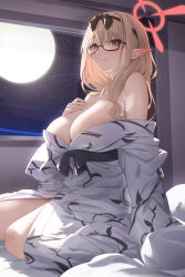 Rule 34 | 1girl, bare shoulders, bath yukata, blue archive, blush, breasts, brown eyes, brown hair, chinatsu (blue archive), chinatsu (hot spring) (blue archive), cleavage, closed mouth, glasses, hair ribbon, hairband, halo, highres, japanese clothes, kimono, large breasts, light brown hair, long hair, long sleeves, looking at viewer, off shoulder, official alternate costume, pointy ears, ribbon, sash, sitting, smile, solo, thighs, wide sleeves, yaman, yellow eyes, yukata