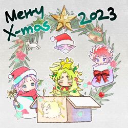 Rule 34 | + +, 2023, 3girls, aquila marin, arrow (projectile), axe, battle axe, bell, blue eyes, blush stickers, bow, bowtie, box, candy cane hair ornament, character request, character snowman, check character, chibi, christmas, christmas ornaments, christmas stocking, christmas wreath, closed eyes, commentary request, dual wielding, eyelashes, food-themed hair ornament, fur-trimmed headwear, fur trim, green hair, grey background, hair ornament, hairband, hat, holding, holding arrow, holding axe, in box, in container, kido saori, long hair, makeinuota, merry christmas, mistletoe, mistletoe hair ornament, multiple girls, neck bell, open mouth, ophiuchus shaina, pink hair, pom pom (clothes), red bow, red bowtie, red hair, red headwear, red scarf, saint seiya, santa hat, scarf, short hair, simple background, smile, sparkling eyes, spiked hair, star (symbol), star hair ornament, very long hair, weapon, white hairband, wreath