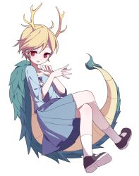 Rule 34 | 1girl, antlers, bing zizi, black footwear, blonde hair, blue shirt, blue skirt, collarbone, commentary request, crossed legs, dragon girl, dragon tail, full body, highres, horns, kicchou yachie, looking at viewer, mary janes, open mouth, pleated skirt, red eyes, shirt, shoe soles, shoes, short hair, simple background, skirt, smile, socks, solo, tail, touhou, white background, white socks