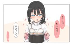 1girl :d absurdres apron black_hair blue_eyes blush brown_apron clothing_cutout commentary_request cooking_pot drooling food grey_background hair_between_eyes heart_cutout highres holding layla_(mino) long_hair long_sleeves looking_at_viewer low_ponytail nonono_mino open_mouth original oven_mitts ponytail puffy_long_sleeves puffy_sleeves ringed_eyes smile solo steam stew sweat sweater turtleneck turtleneck_sweater two-tone_background upper_body white_background white_sweater