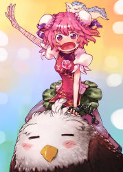 Rule 34 | 1girl, animal, bandages, bird, blush, chinese clothes, cuffs, double bun, eagle, closed eyes, female focus, flower, highres, ibaraki kasen, open mouth, pink eyes, pink hair, puffy sleeves, raijuu, revision, rose, shackles, short hair, short sleeves, solo, touhou, yst