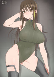 Rule 34 | 1girl, armpits, bare shoulders, black thighhighs, boca, breasts, brown eyes, brown hair, covered erect nipples, covered navel, girls&#039; frontline, gluteal fold, green hair, highres, large breasts, leotard, long hair, looking at viewer, m4a1 (girls&#039; frontline), multicolored hair, solo, thighhighs