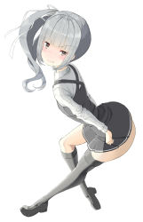 Rule 34 | ass, black footwear, black socks, blush, clenched hand, commentary request, curly hair, dress, embarrassed, grey dress, grey eyes, hair ribbon, highres, holding, holding clothes, holding dress, kantai collection, kasumi (kancolle), kneehighs, looking at viewer, no (152763), no panties, pout, pouty lips, ribbon, school uniform, shiny clothes, shiny skin, shirt, shoes, short dress, side ponytail, silver hair, simple background, socks, white background, white ribbon, white shirt