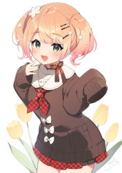 1girl :d blonde_hair blush brown_sweater commentary_request cowboy_shot flower green_eyes hair_flower hair_ornament hairclip highres hololive long_sleeves looking_at_viewer momosuzu_nene momosuzu_nene_(casual) multicolored_hair nail_polish nyasunyadoora open_mouth pink_hair pleated_skirt red_skirt short_hair skirt sleeves_past_fingers sleeves_past_wrists smile solo standing streaked_hair sweater thighhighs twintails virtual_youtuber yellow_flower yellow_nails