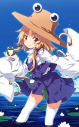 Rule 34 | animal, animal print, blonde hair, blue sky, blush, brown hat, closed mouth, cloud, frog, frog print, hair ribbon, hat, holding, holding animal, jewelry, lily pad, long sleeves, looking at viewer, miniskirt, moriya suwako, official art, outdoors, partially submerged, purple skirt, purple vest, red ribbon, ribbon, ring, shirt, short hair, sidelocks, skirt, sky, smile, thighhighs, third-party source, touhou, touhou cannonball, turtleneck, ugume, vest, water lily flower, white shirt, white thighhighs, wide sleeves, yellow eyes