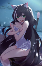 Rule 34 | 1girl, absurdres, animal ear fluff, animal ears, bad id, bad pixiv id, bare legs, black hair, blurry, blurry background, blush, breasts, cat ears, cat girl, cat tail, cleavage, collarbone, commentary, embarrassed, fang, green eyes, hair between eyes, highres, karyl (princess connect!), long hair, looking at viewer, medium breasts, multicolored hair, naked towel, night, ocean, open mouth, outdoors, princess connect!, sangtom623, sitting, skin fang, sky, soaking feet, solo, sparkle, star (sky), starry sky, streaked hair, tail, towel, very long hair, wavy mouth