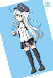 Rule 34 | 1girl, anchor symbol, black sailor collar, black skirt, black thighhighs, blue background, blue eyes, character name, flat cap, from behind, full body, grey eyes, hat, hibiki (kancolle), kantai collection, long hair, looking at viewer, looking back, masara (chuujou), neckerchief, pleated skirt, red neckerchief, sailor collar, school uniform, serafuku, silver hair, skirt, solo, standing, thighhighs, two-tone background