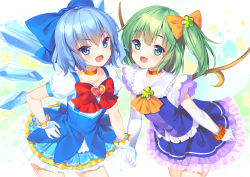 Rule 34 | 2girls, :d, adapted costume, ascot, blue bow, blue dress, blue eyes, blue hair, blush, bow, bowtie, brooch, bucchake (asami), choker, cirno, collarbone, commentary request, contrapposto, cowboy shot, daiyousei, dress, elbow gloves, fairy wings, flat chest, frilled shirt collar, frills, gloves, green eyes, green hair, hair bow, hand on own hip, holding hands, ice, ice wings, jewelry, looking at viewer, multiple girls, one side up, open mouth, orange bow, orange choker, orange neckwear, petticoat, puffy short sleeves, puffy sleeves, red bow, red neckwear, short hair, short sleeves, simple background, smile, star (symbol), starry background, touhou, v-shaped eyebrows, white background, white gloves, wings