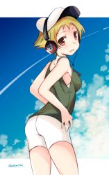 Rule 34 | 10s, 1girl, abenattou, artist name, bad id, bad pixiv id, blonde hair, brown eyes, cabbie hat, casual, cloud, cloudy sky, contrail, day, erwin (girls und panzer), from behind, girls und panzer, gradient background, hat, headphones, looking at viewer, outdoors, short hair, shorts, signature, sky, smile, solo, tank top