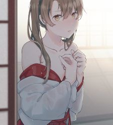 Rule 34 | 1girl, brown eyes, brown hair, commentary request, japanese clothes, kantai collection, kimono, kouga (mutsumi), looking at viewer, off shoulder, solo, twintails, upper body, wet, wet clothes, zuikaku (kancolle)