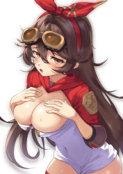 Rule 34 | 1girl, absurdres, alternate breast size, amber (genshin impact), blush, breasts, brown hair, cleavage, commentary request, covered navel, cowboy shot, furrowed brow, genshin impact, goggles, goggles on head, hair between eyes, hair ribbon, hands on own chest, highres, large breasts, long hair, open mouth, red ribbon, ribbon, shimonohara shimo, shiny skin, sidelocks, simple background, solo, sweat, sweatdrop, thighs, upper body, white background, yellow eyes