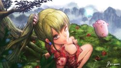 Rule 34 | 1girl, animal, bad id, bad pixiv id, barefoot, bibico, breasts, china dress, chinese clothes, cleavage, dress, earrings, flower, grass, green hair, grey eyes, highres, jewelry, long hair, looking at viewer, medium breasts, mountain, original, pig, ponytail, sitting, solo, tree, wallpaper, wariza