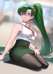 Rule 34 | 1girl, absurdly long hair, alternate costume, bespectacled, blurry, blurry background, breasts, burnt green tea, commentary, female focus, fire emblem, fire emblem: the blazing blade, glasses, green eyes, green hair, green nails, hair ornament, highres, id card, large breasts, long hair, looking at viewer, lyn (fire emblem), matching hair/eyes, nail polish, nintendo, office lady, pantyhose, pencil skirt, ponytail, skirt, smile, solo, very long hair, watch, wristwatch