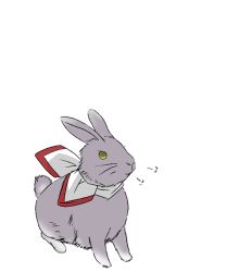 Rule 34 | animal focus, animalization, artist request, breath, rabbit, commentary request, fujinami (kancolle), full body, green eyes, kantai collection, looking to the side, ribbon, simple background, sitting, white background, yellow eyes