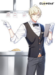 Rule 34 | 1boy, ahoge, badge, belt, black belt, black bow, black bowtie, black vest, blonde hair, bow, bowtie, clipboard, closed mouth, closers, collared shirt, copyright name, counter, cowboy shot, food, gloves, grey pants, hands up, highres, holding, holding clipboard, logo, looking down, male focus, noodles, note, official art, pants, plate, pointing, pointing to the side, red eyes, shirt, short hair, sleeves past elbows, solo, sweatdrop, traditional bowtie, truss, vest, waistcoat, waiter, white background, white gloves, white shirt, wolfgang schneider