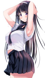 Rule 34 | 1girl, arched back, armpits, arms behind head, black hair, black skirt, blush, breasts, commentary request, cowboy shot, from side, hair between eyes, hairband, highres, large breasts, long hair, looking at viewer, neckerchief, open mouth, original, pleated skirt, ponytail korosuke, purple eyes, red neckerchief, sailor collar, school uniform, serafuku, short sleeves, skirt, solo, sweat, sweatdrop, thighs, white hairband